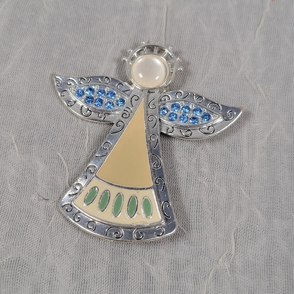 Angle Enamel Metal Brooch Blue Rhinestone Pin Silver Tone Jewlery